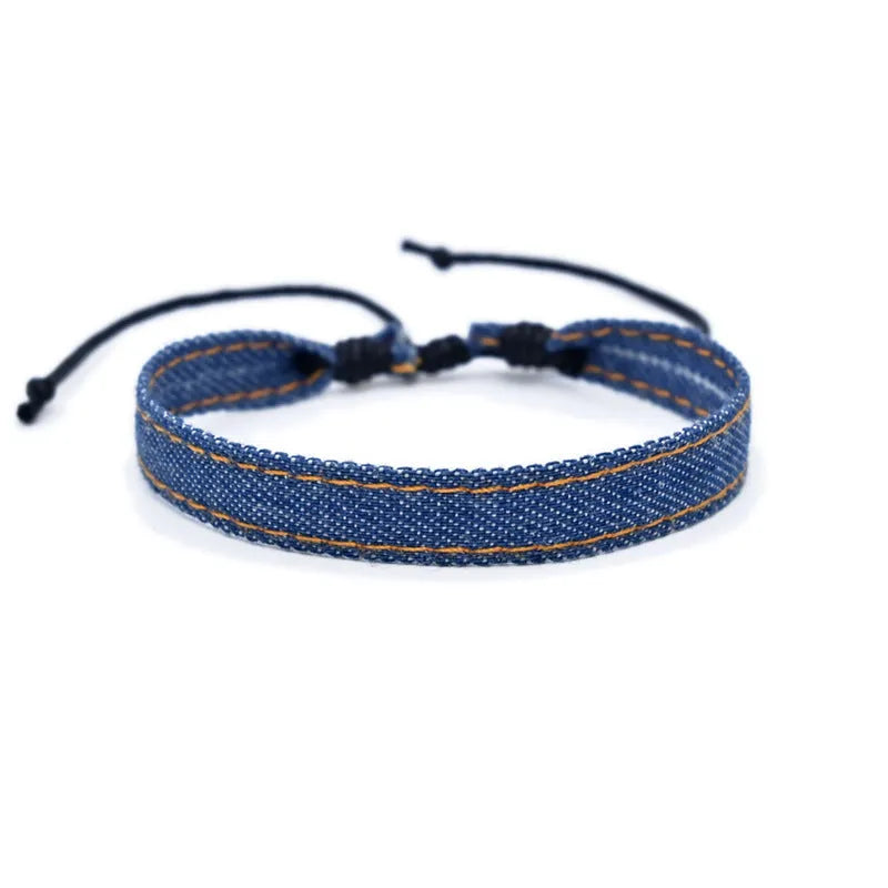 Handmade denim fabric bracelet strap for travel memories, shown in one of eleven colour variants