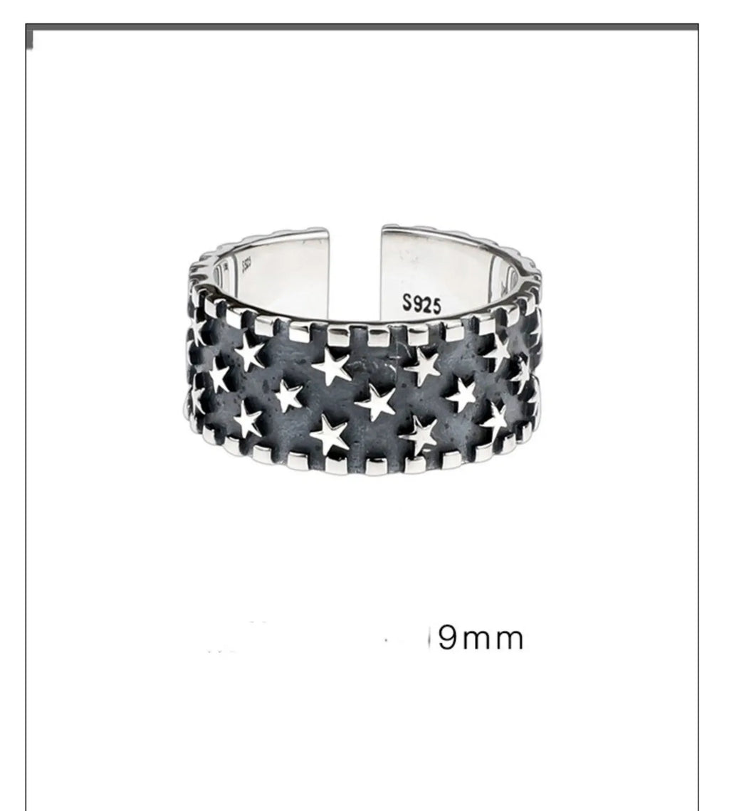 925 silver adjustable opening ring with five-pointed star geometric design