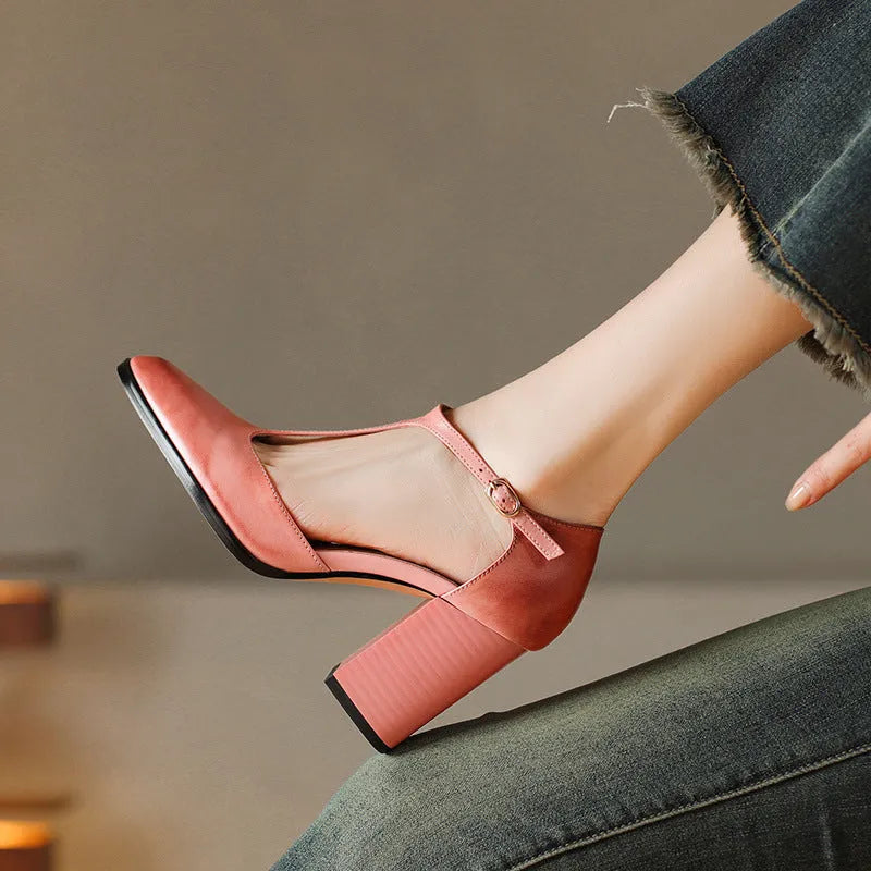 Women's pink and dark brown pointed toe Mary Jane shoes with buckle fastening