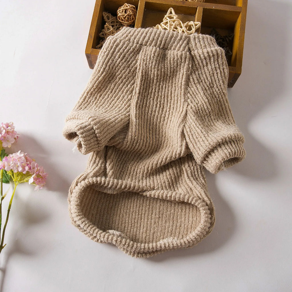 Brown cloth pullover sweater for small dog breeds on canine mannequin