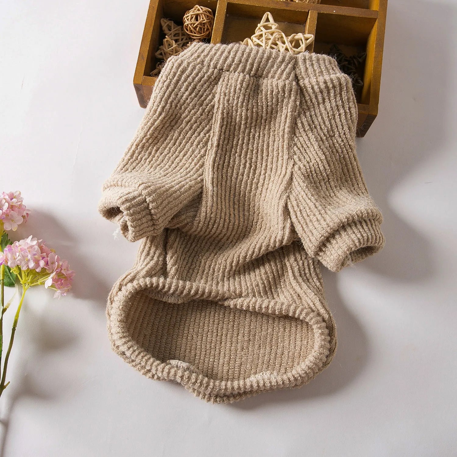 Brown cloth pullover sweater for small dog breeds on canine mannequin