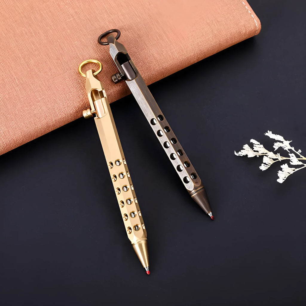 Brass hexagonal bolt pen showing six-sided shape and metallic construction with 0.5mm writing head