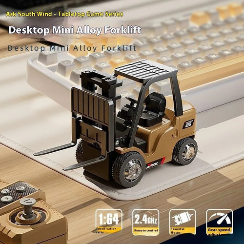 1:64 scale alloy remote control forklift with cargo forks and pallet on wooden surface