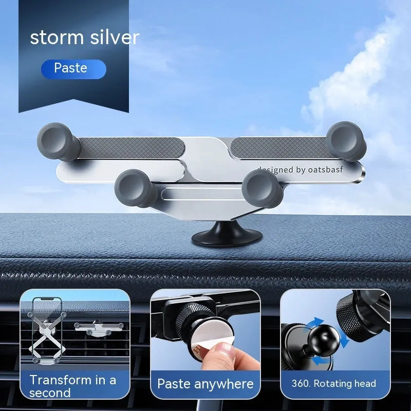 Invisible alloy car phone bracket showing air vent and dashboard mounting options in black, silver and grey colours
