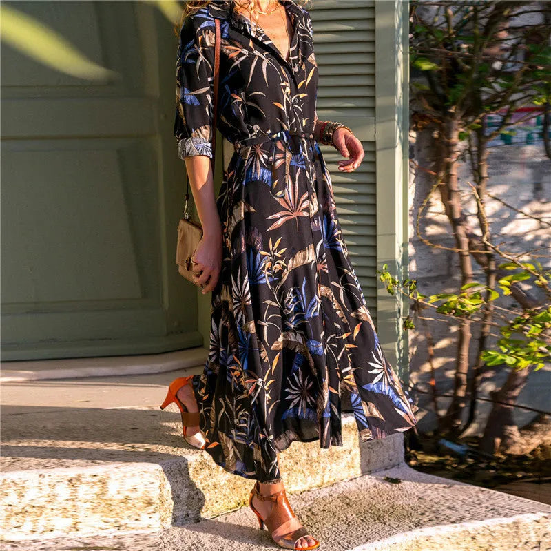 Women's vintage chiffon A-line dress with V-neck and high waist in printed polyester fabric available in multiple colours