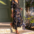 Women's vintage chiffon A-line dress with V-neck and high waist in printed polyester fabric available in multiple colours