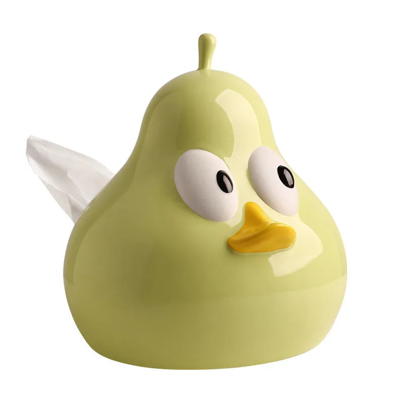A cute pear-shaped white ceramic tissue box holder with an animal design, shown in green and black colour options.
