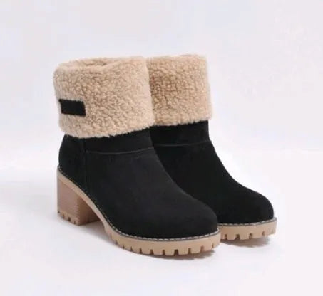 Mid-tube thick heel suede snow boots with round head and flat heel in black gray green khaki orange