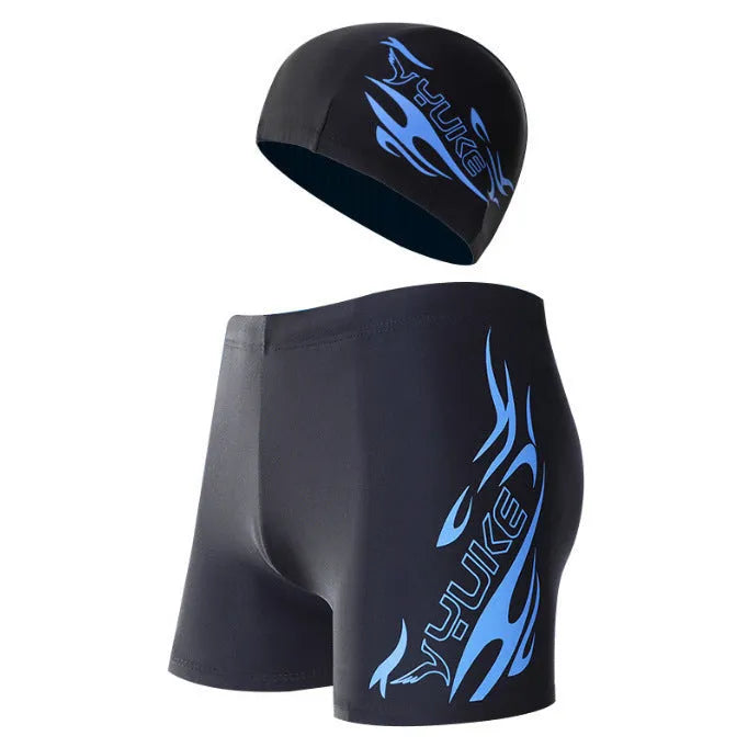 Men's plus size swimming trunks with blue fire graphic pattern on black background