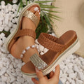 Women's gold wedge sandals with adjustable back strap and rubber sole for plus size feet