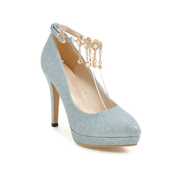 Women's blue platform stiletto high heels with a shallow cut, shown from the side.