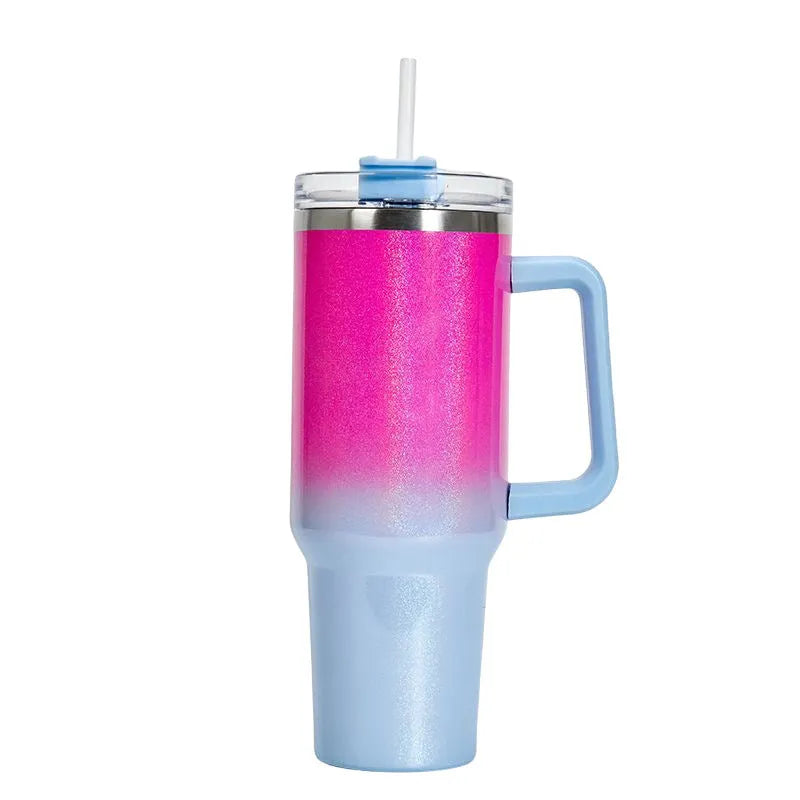 Large stainless steel vacuum insulated cup in a gradient colour option showing its height and simple style.