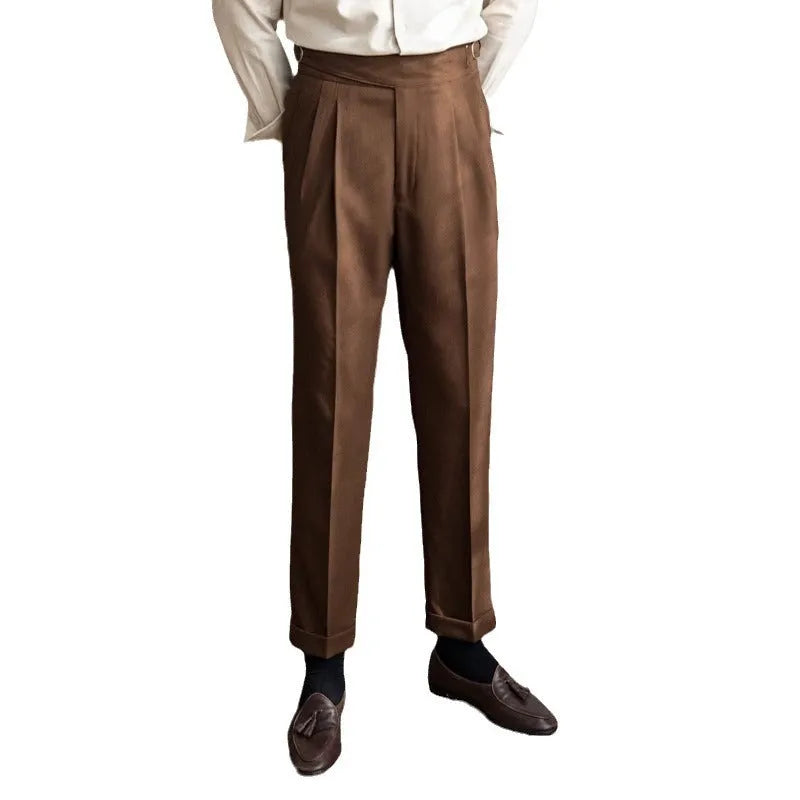 Men's black high-waisted straight leg casual trousers on a hanger