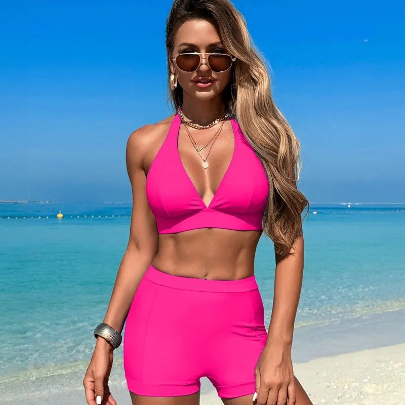 Women's split bikini swimsuit in nylon with polyester lining available in black pink purple blue for hot spring swimming