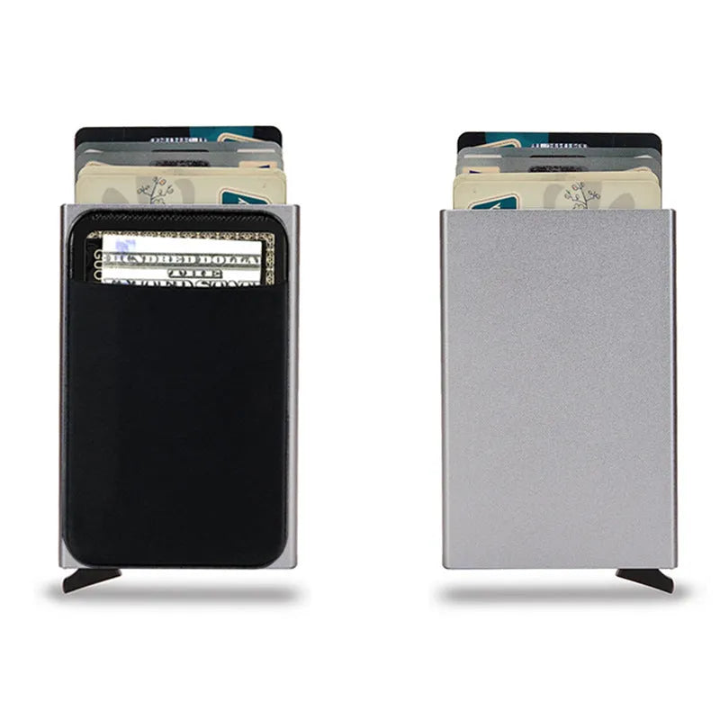 Slim aluminium metal credit card holder wallet with frosted finish shown in multiple colour options.