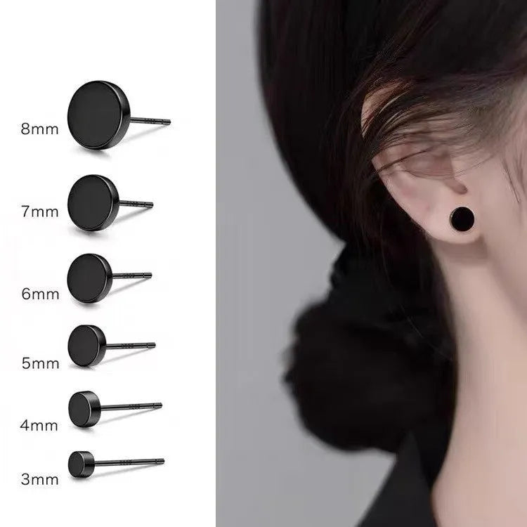 Sterling silver S999 flat ear bone studs in round geometry shape showing silver and black colour options