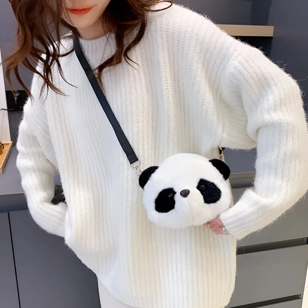 Plush panda head crossbody shoulder bag with cylindrical shape and sandwich pocket