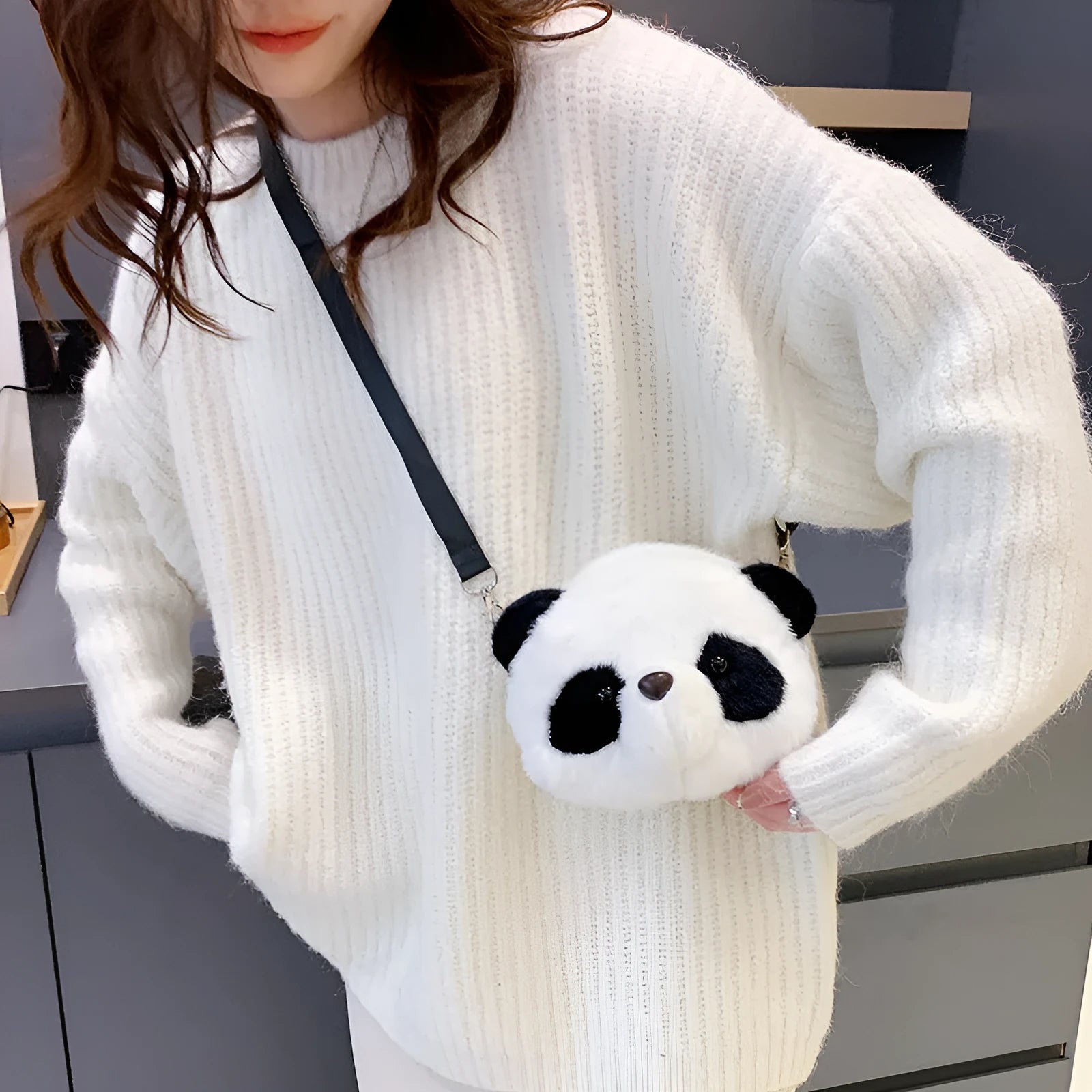 Plush panda head crossbody shoulder bag with cylindrical shape and sandwich pocket