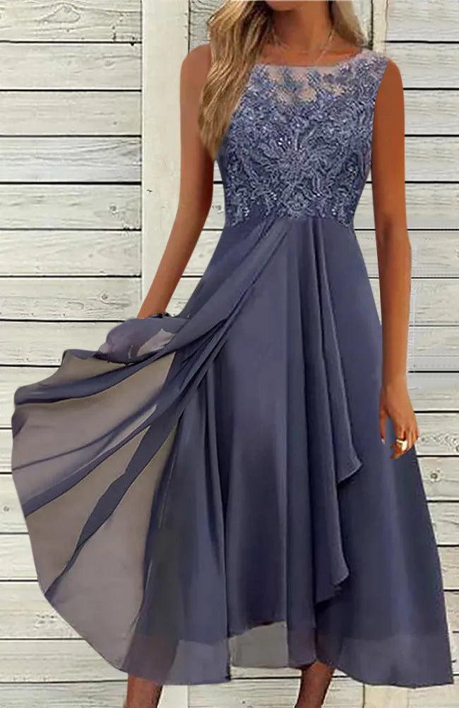 Women's sleeveless chiffon dress with lace stitching detail in midi length