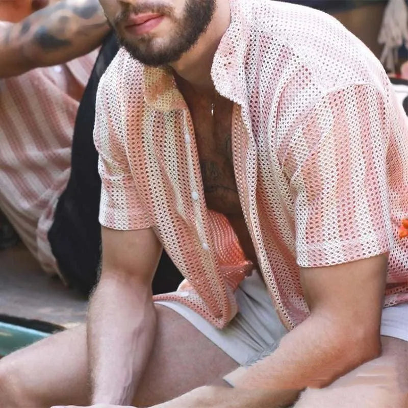 Pink loose waffle-textured men's summer cardigan shirt with short sleeves