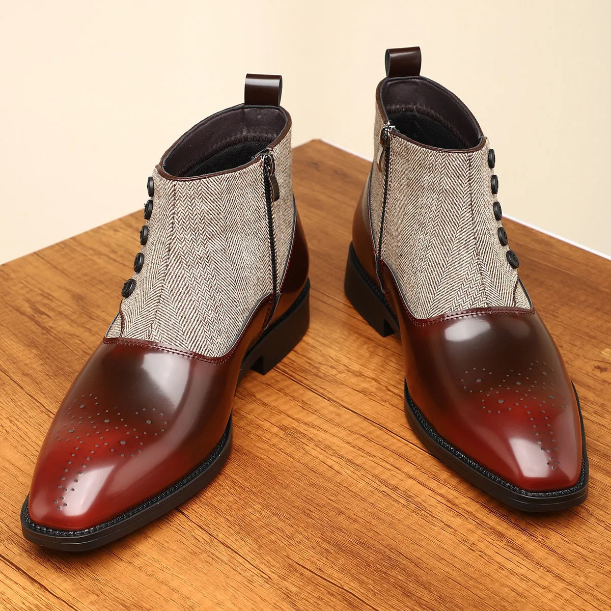 Men's brown and green retro business formal shoes with side zipper and square toe.