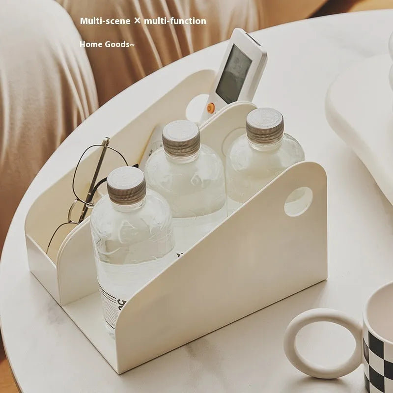 Desktop storage box with two grid layers in milk coffee colour, dimensions 14.5x17x22cm