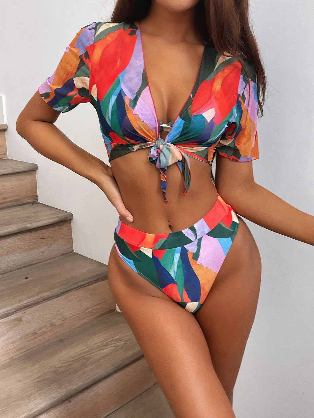 Red women's split swimsuit with briefs bikini style for swimming and casual surfing