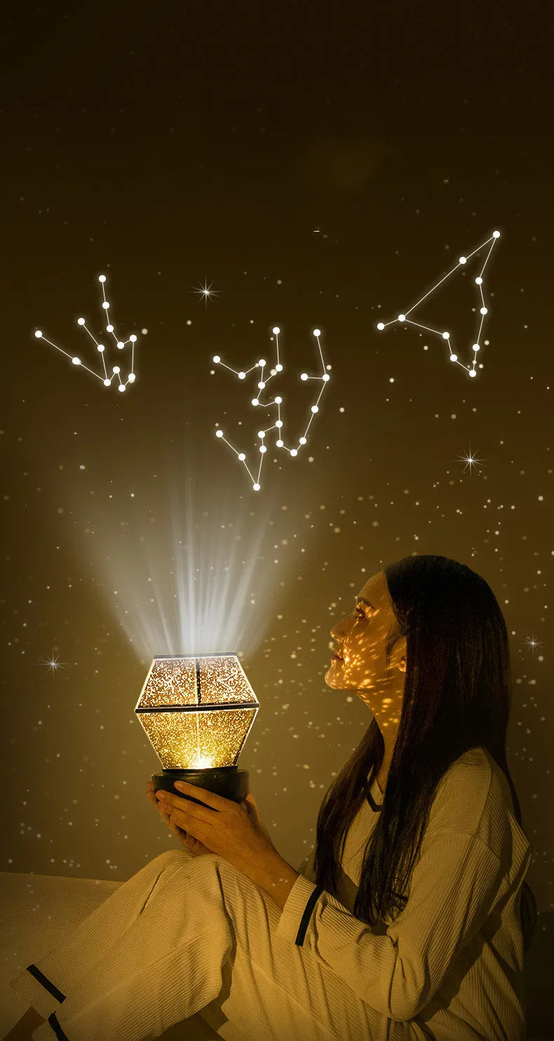 Children's LED night light projecting rotating three-colour stars onto a bedroom ceiling.