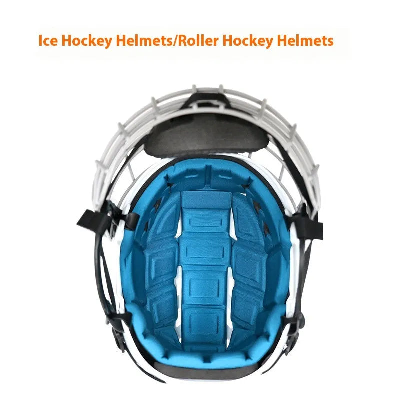 Ice hockey helmet with a carbon steel face mask shown in size S, M, L, or XL on a neutral background.
