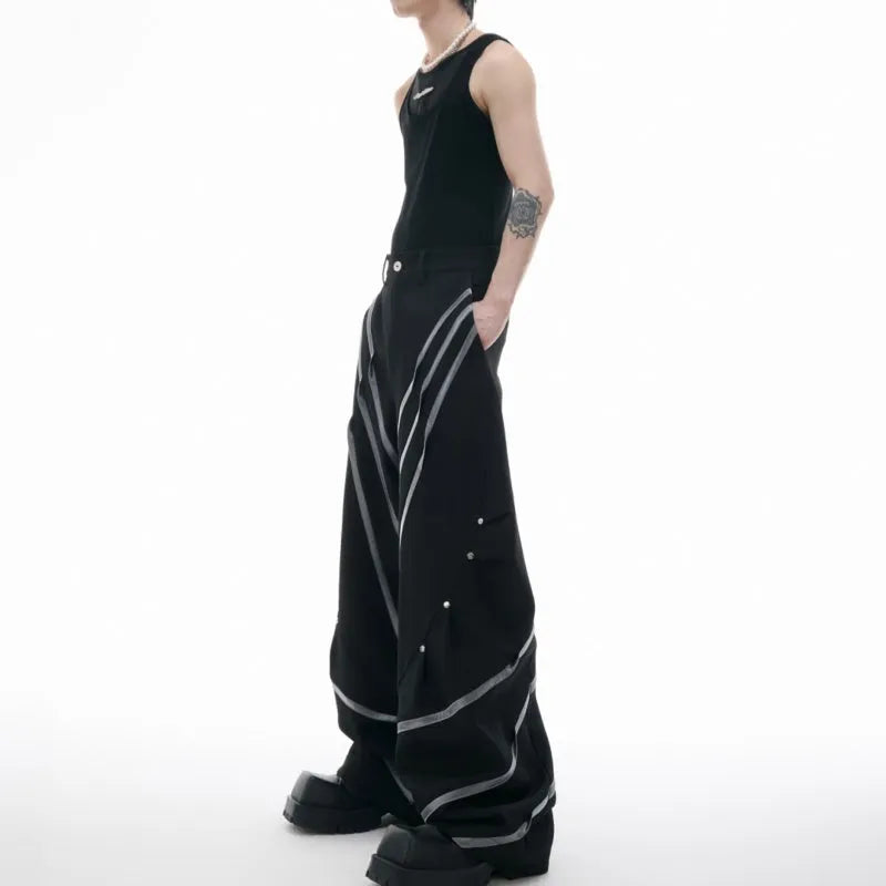 Men's black trousers with metal striped rivet pleats and three-dimensional cutting detail