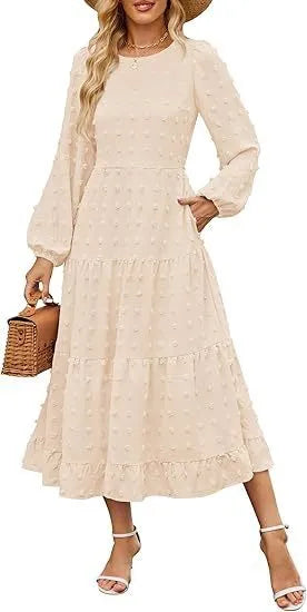 Women's beige long sleeve casual dress with ruffled sleeves and a high waist, shown on a hanger.
