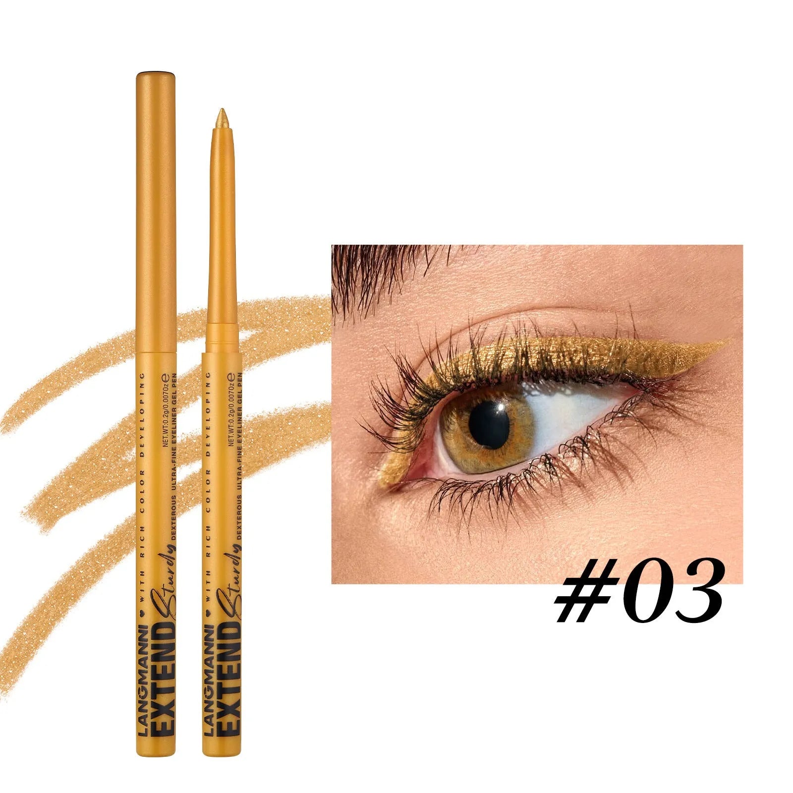 Set of 12 colourful gel glitter eyeliner pencils arranged showing metallic, matte, and glitter finishes.