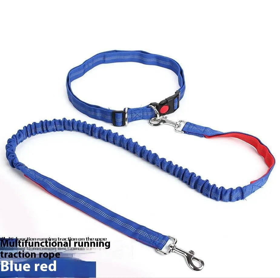 Grey and green reflective dog leash with elastic section shown on a table.