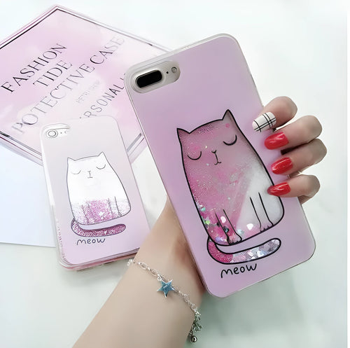 Four cat-themed glitter phone cases for iPhone models with bright colours