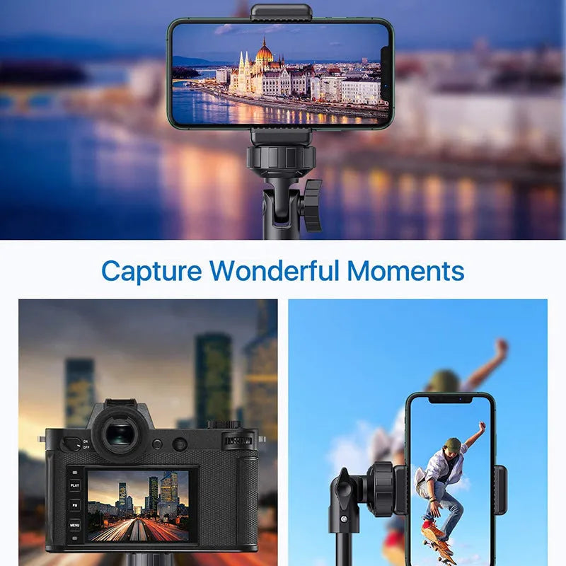 Black aluminium selfie stick tripod extended for use with an Apple iPhone.