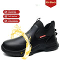 Black waterproof work shoes with high-cut microfiber leather uppers and rubber soles