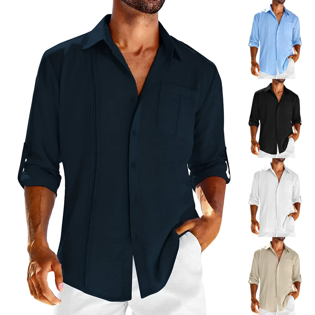 Men's grey long sleeve casual shirt with a polo collar and a white lace detail on the chest pocket.