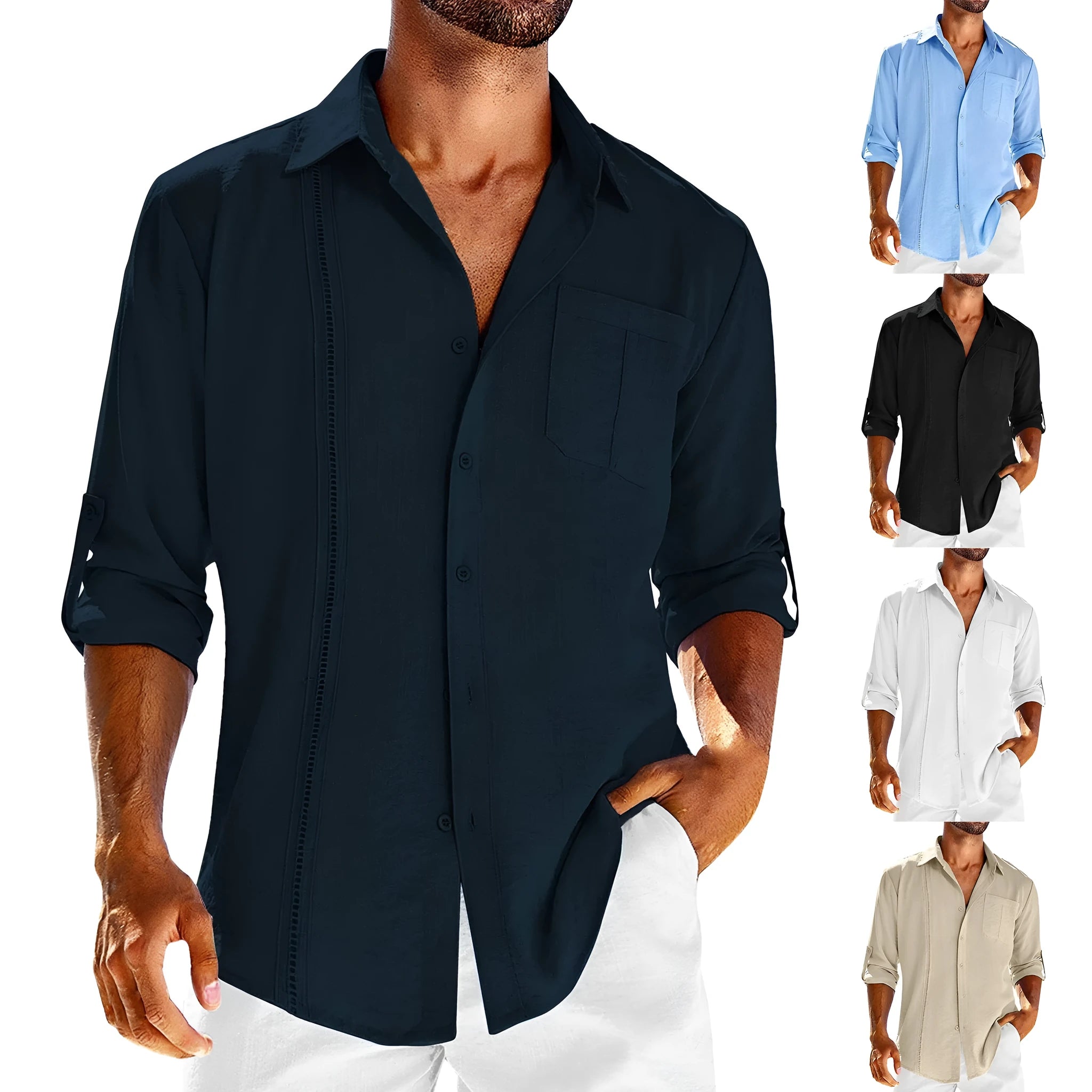 Men's grey long sleeve casual shirt with a polo collar and a white lace detail on the chest pocket.