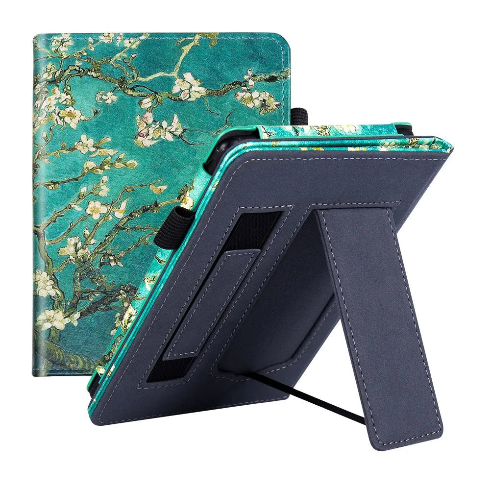 Kindle Paperwhite 5 leather case showing hand strap bracket and magnetic closure in a choice of colours and designs.