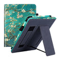 Kindle Paperwhite 5 leather case showing hand strap bracket and magnetic closure in a choice of colours and designs.