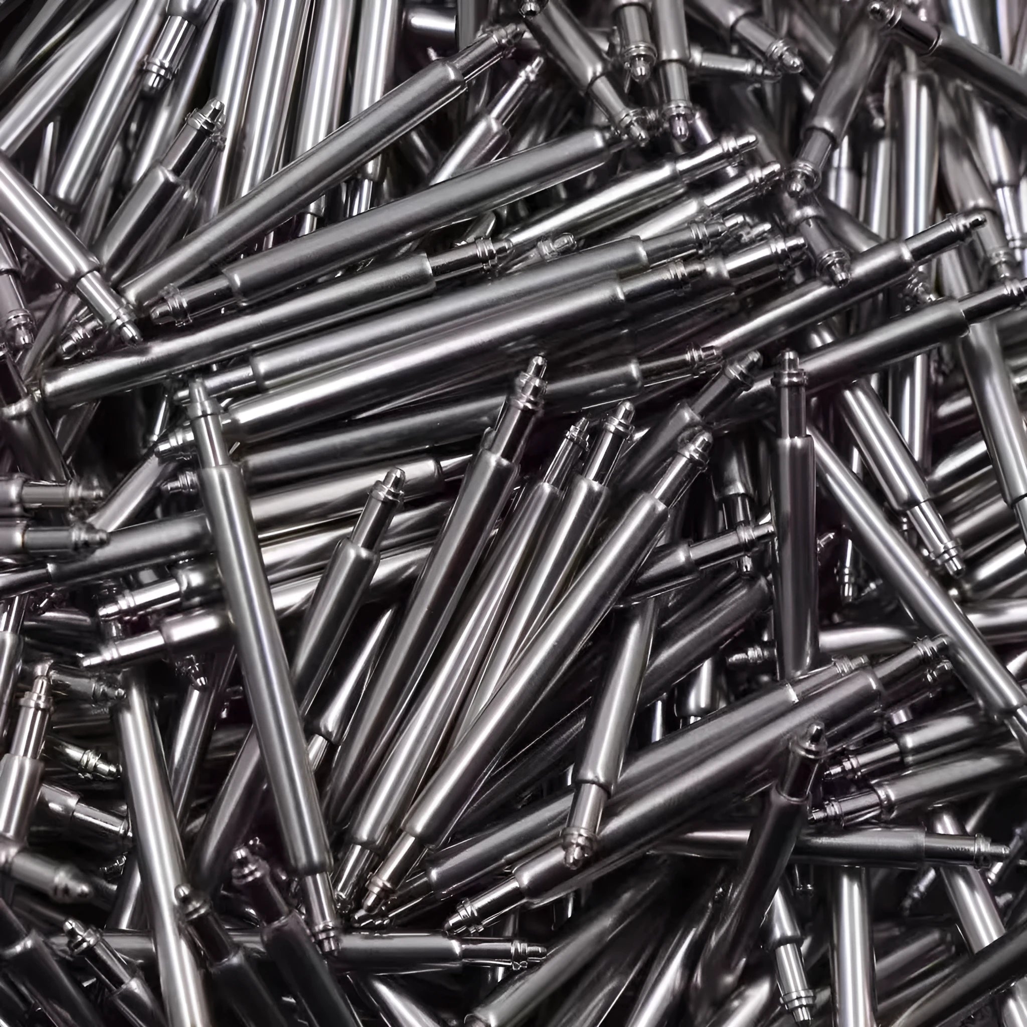 Bulk assortment of watch bolt auricular needle spring shafts in sizes 21mm to 26mm for repair.