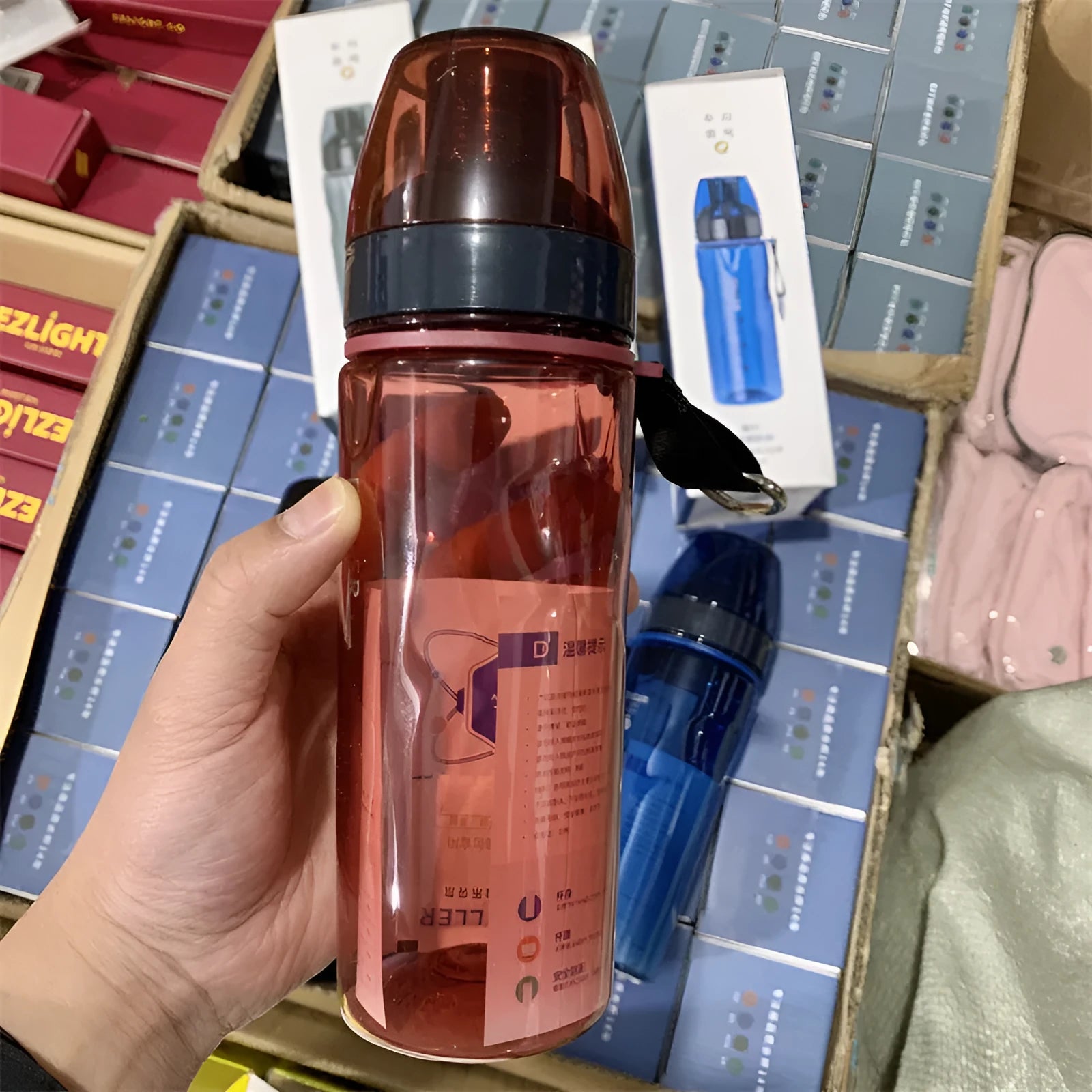Chinese style sports water bottle with tea compartment in blue, red, black or grey colour