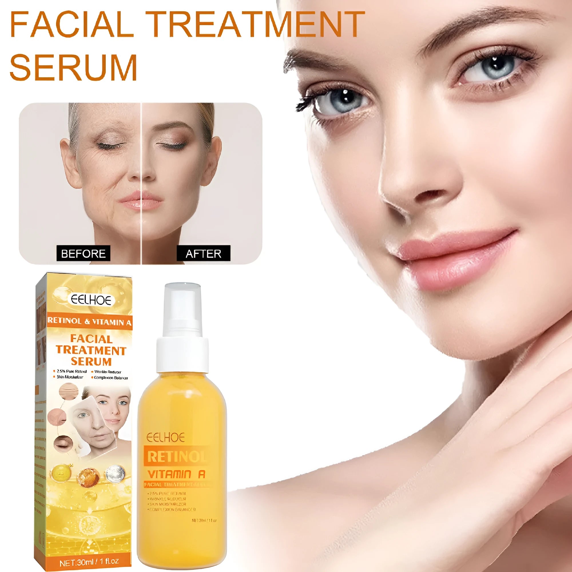 Boxed 30ml Retinol Anti-Wrinkle Essence Spray bottle for facial fine line reduction.