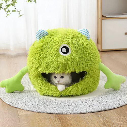 Fluffy round plush cat bed with a non-slip base, shown in three sizes.