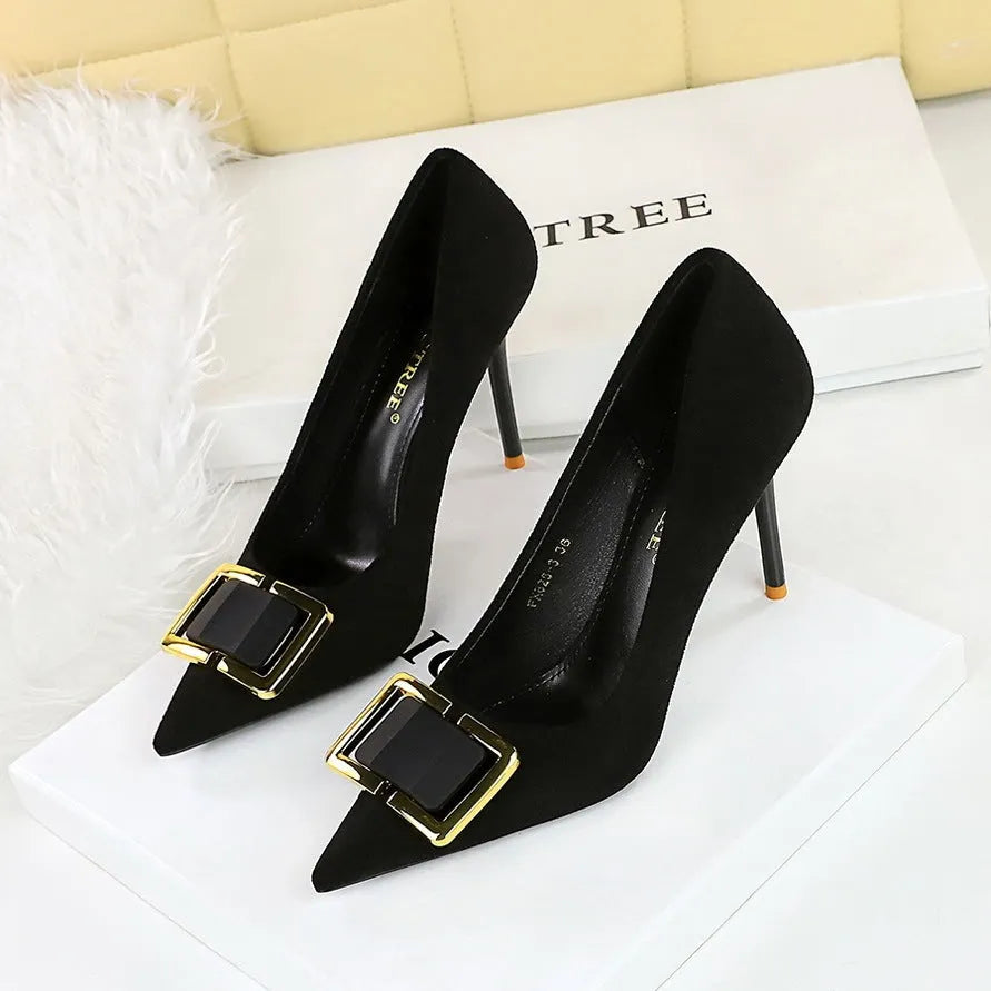 Black suede women's stiletto heels with 9cm heel and shallow open-toe design