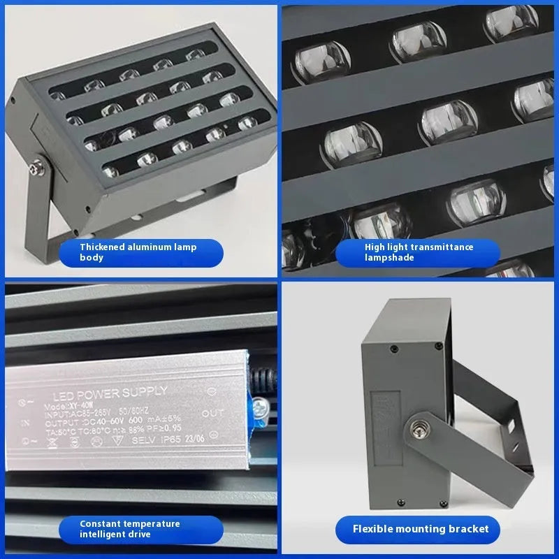 Silver aluminium outdoor LED spotlight projecting multi-coloured light onto trees.