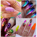 Medium almond armour frosted nail stickers showing four pattern variations: French colourful leaves, colourful plating, star flash macarons, gradient leopard print