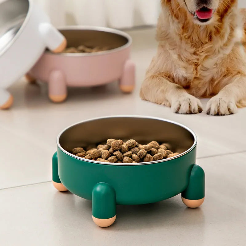Stainless steel pet food bowl with non-slip base in pink, white and green colours