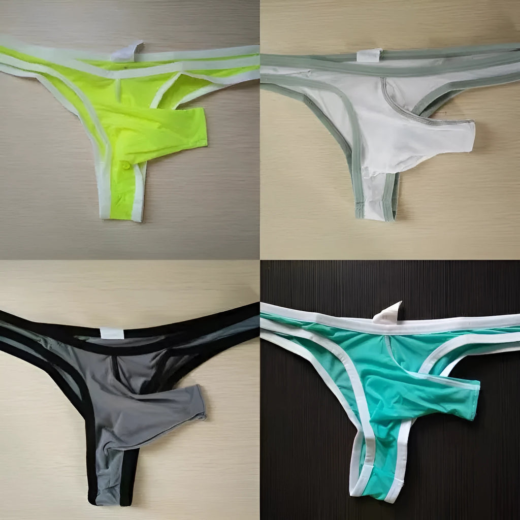 Men's Ice Silk Elephant Nose briefs shown in multiple colours including army green, black, and skin colour.