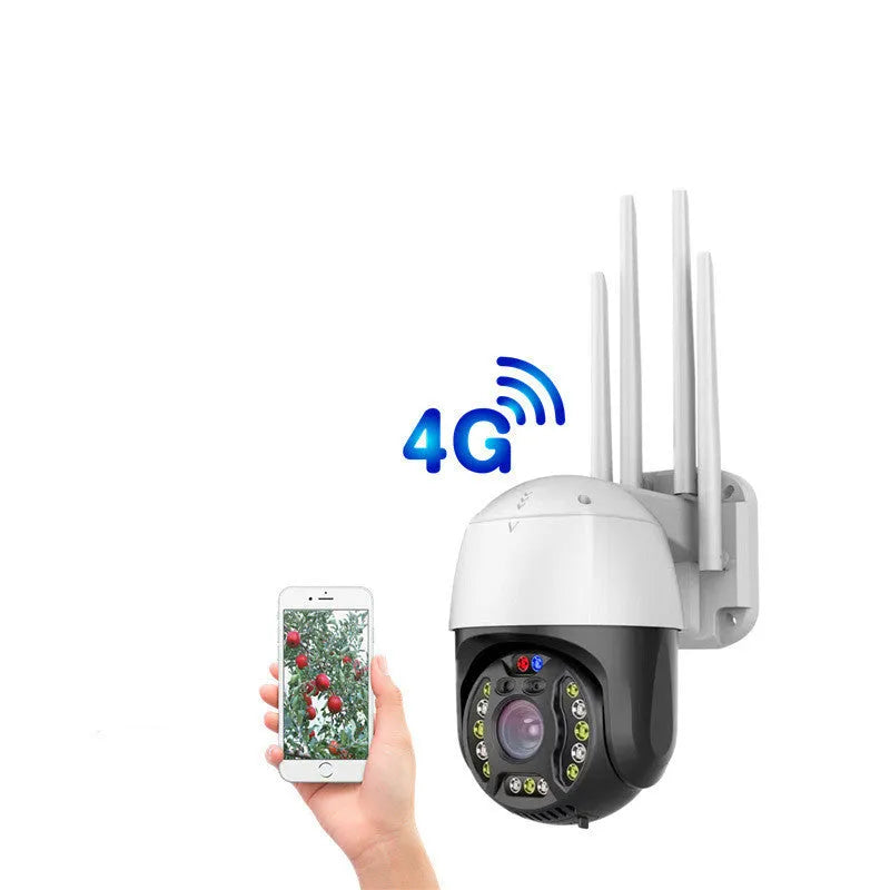 Outdoor dome surveillance camera with 360-degree rotation showing mobile control interface
